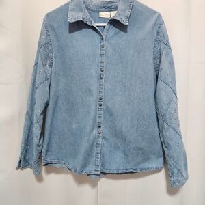 Vtg Womens XL Denim Embroidered Floral Long Sleeve Button up Shirt Grandma boho